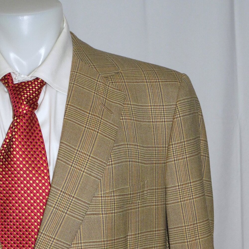 Henry Poole Savile Row Bespoke Beige Plaid Two Button Sport Coat 44L